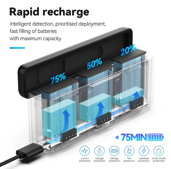 3 Channel Storage Battery Charger Box for Osmo Action 5 Pro / Osmo Action 4 / Osmo Action 3