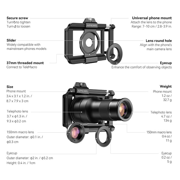 6x Zoom Telephoto Phone Lens with 150mm Macro Lens